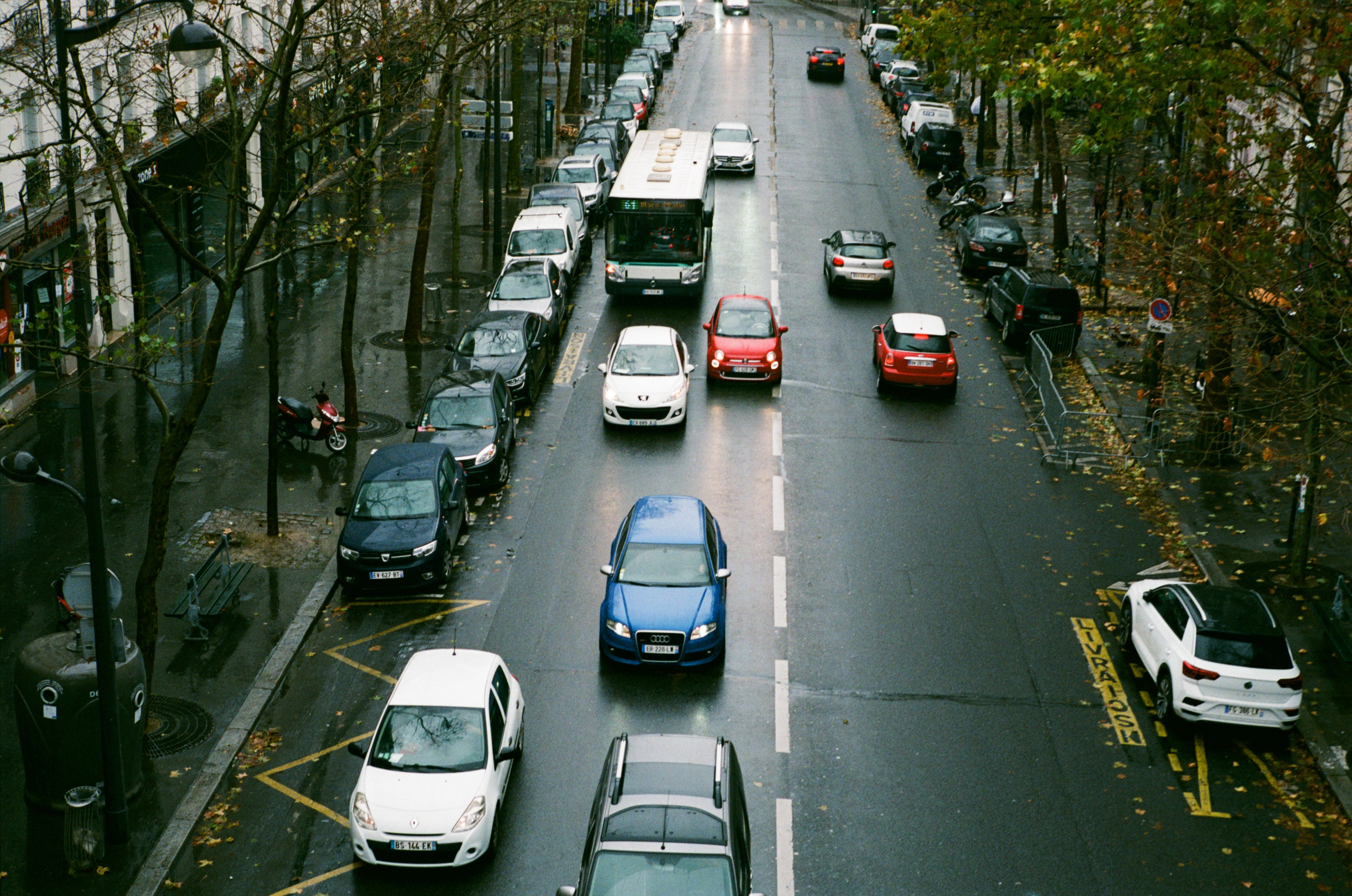 Bus is approaching the bus stop in Paris
